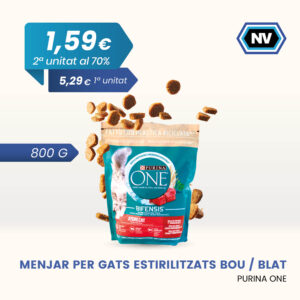 MENJAR PER GATS ESTIRILITZATS BOU / BLAT PURINA ONE 800 G